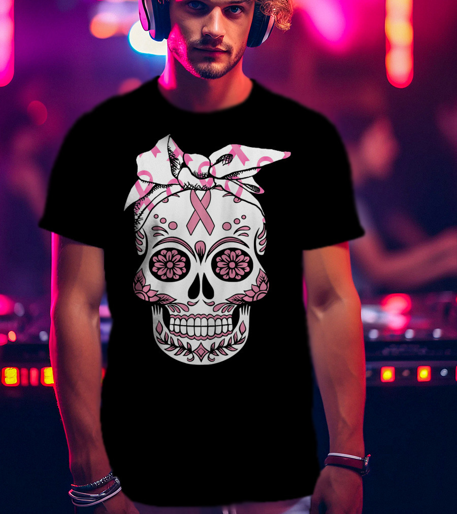Day Of The Dead Skull With Pink Ribbon For Breast Cancer Awareness T-Shirt