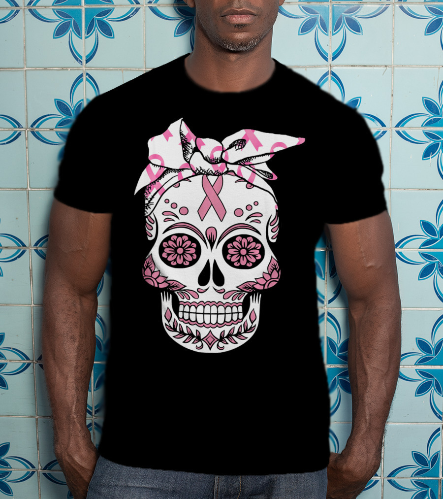 Day Of The Dead Skull With Pink Ribbon For Breast Cancer Awareness T-Shirt