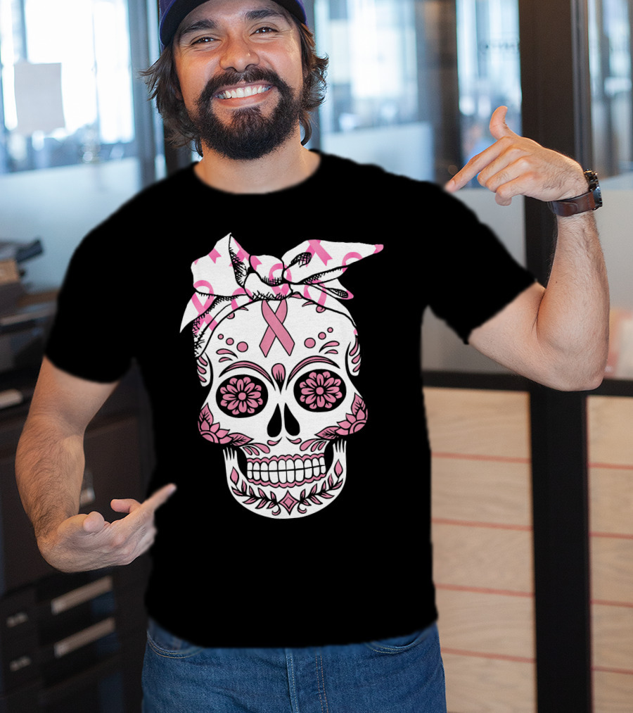 Day Of The Dead Skull With Pink Ribbon For Breast Cancer Awareness T-Shirt