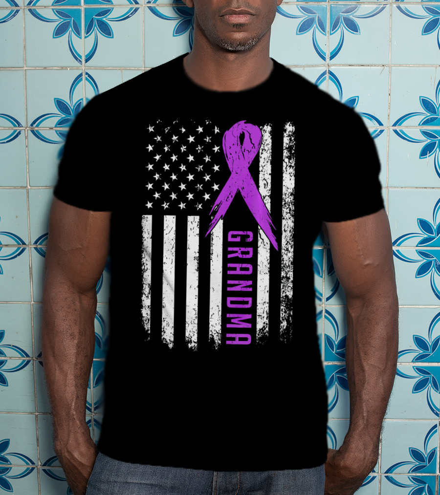 Grandma American Flag Purple Ribbon Pancreatic Cancer Awareness T-Shirt