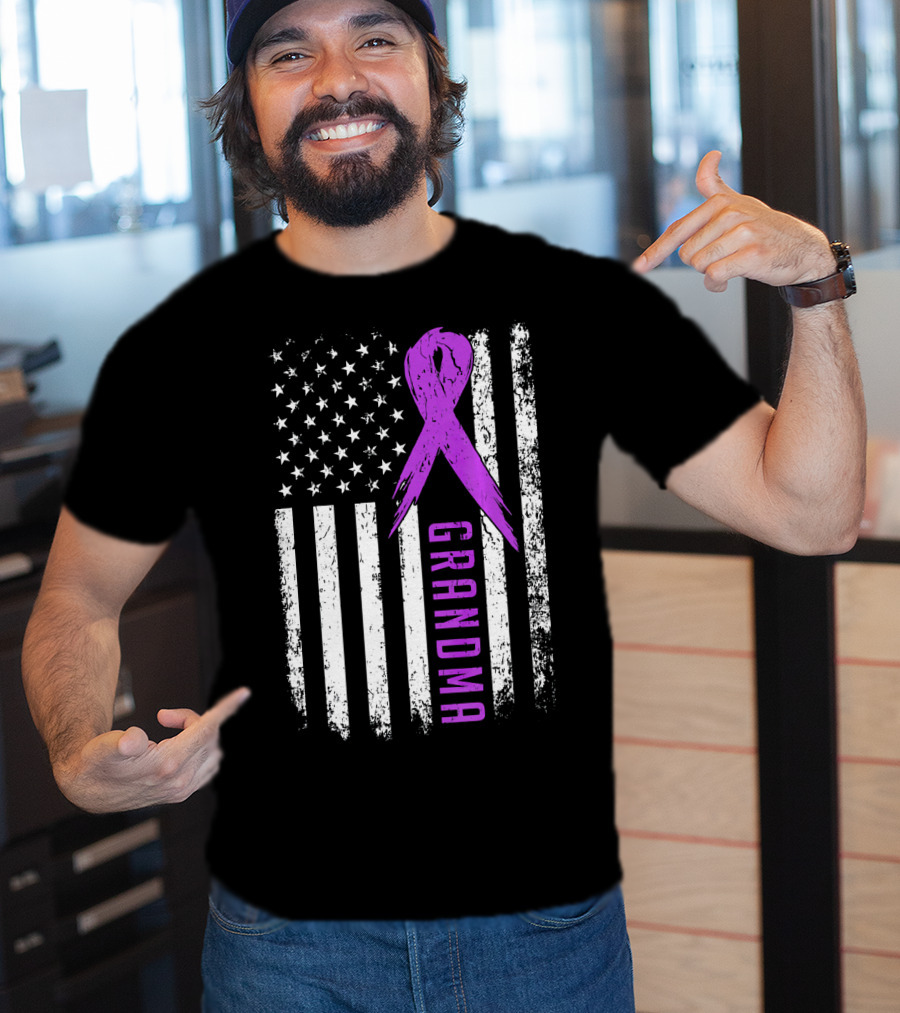Grandma American Flag Purple Ribbon Pancreatic Cancer Awareness T-Shirt