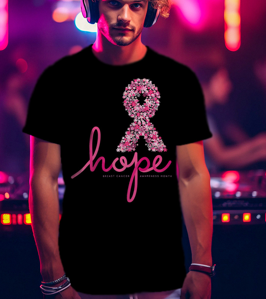 Hope Breast Cancer Awareness Month Pink Ribbon Floral T-Shirt
