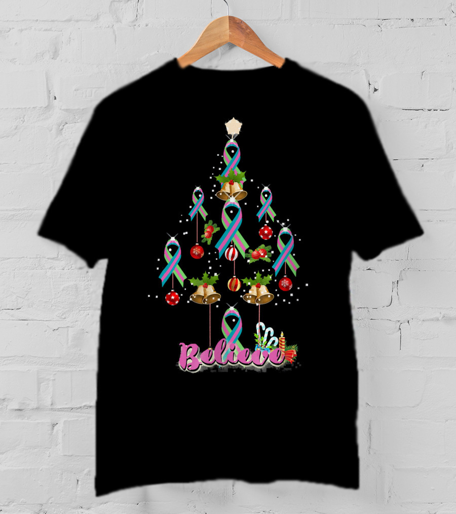 Believe Christmas Tree Metastatic Breast Cancer Awareness T-Shirt