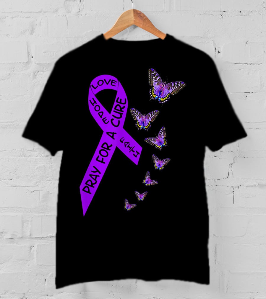 Pray For A Cure Love Hope Purple Ribbon Butterflies Pancreatic Cancer Awareness T-Shirt