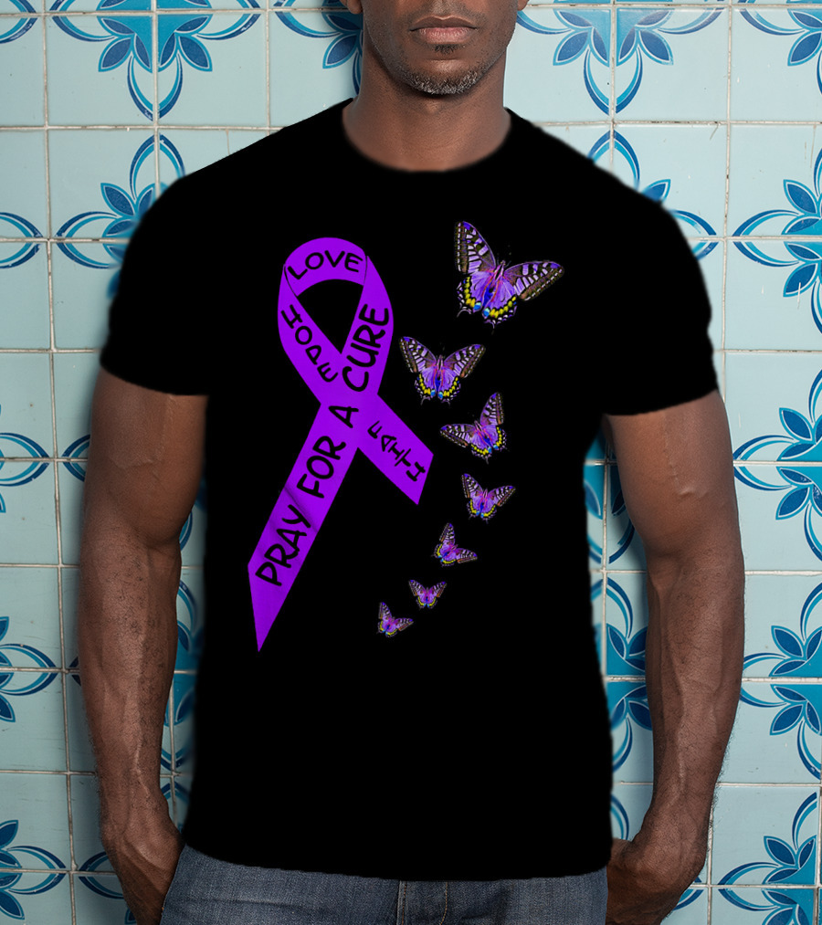 Pray For A Cure Love Hope Purple Ribbon Butterflies Pancreatic Cancer Awareness T-Shirt