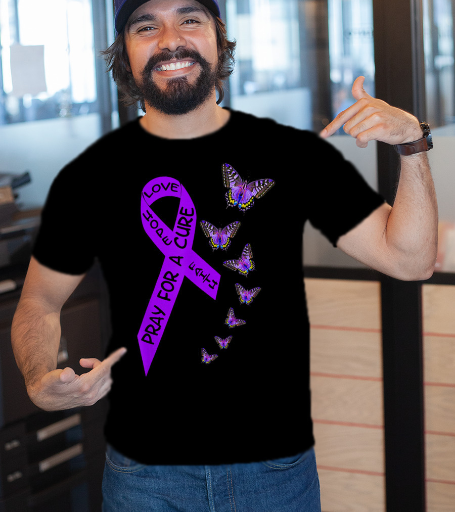 Pray For A Cure Love Hope Purple Ribbon Butterflies Pancreatic Cancer Awareness T-Shirt