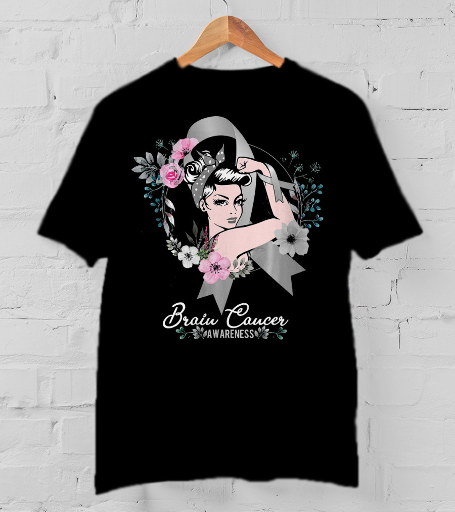 BRAIN CANCER AWARENESS Woman Gray Ribbon Floral T-Shirt