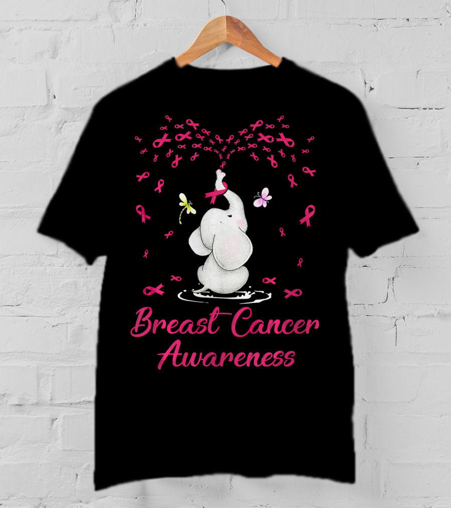 Elephant With Ribbon Breast Cancer Awareness With Butterflies And Ribbons T-Shirt