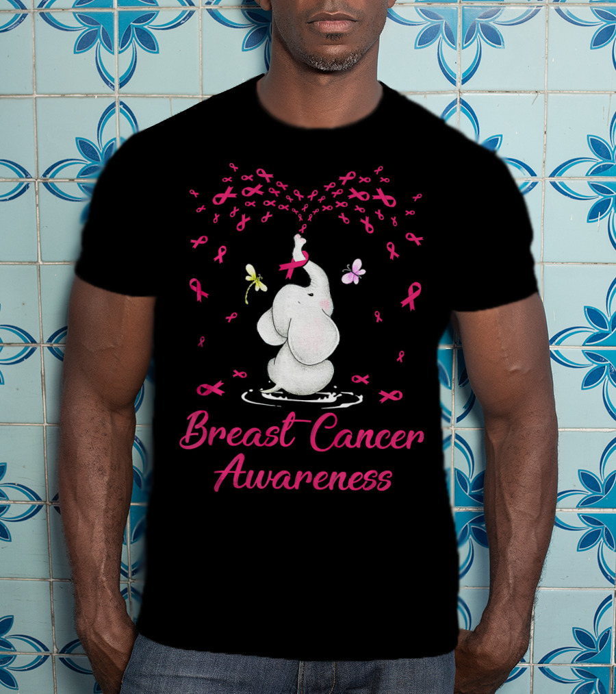 Elephant With Ribbon Breast Cancer Awareness With Butterflies And Ribbons T-Shirt