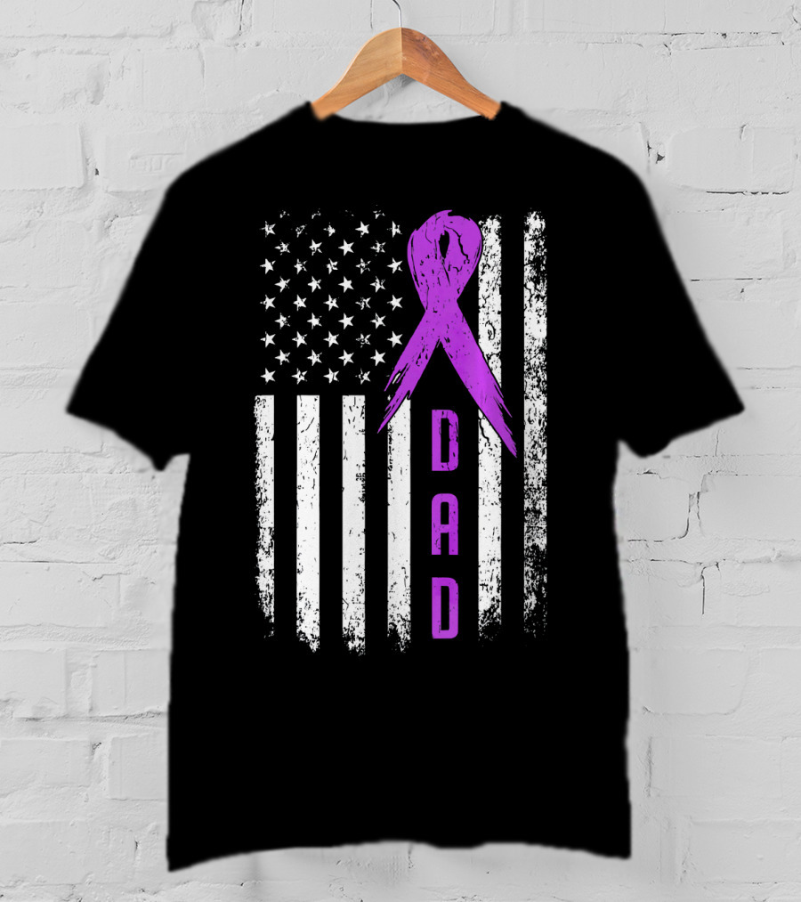 Dad American Flag Pancreatic Cancer Awareness Purple T-Shirt