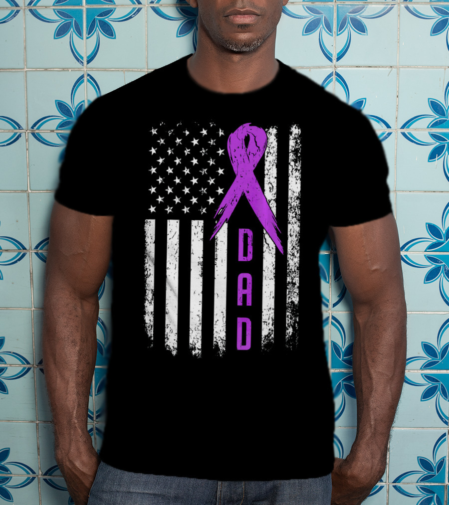 Dad American Flag Pancreatic Cancer Awareness Purple T-Shirt