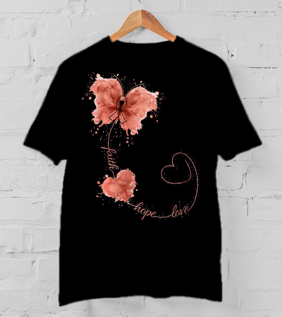 Faith Hope Love Butterfly Ribbon Uterine Cancer Awareness T-Shirt