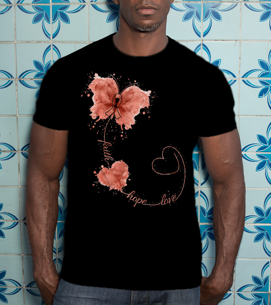 Faith Hope Love Butterfly Ribbon Uterine Cancer Awareness T-Shirt
