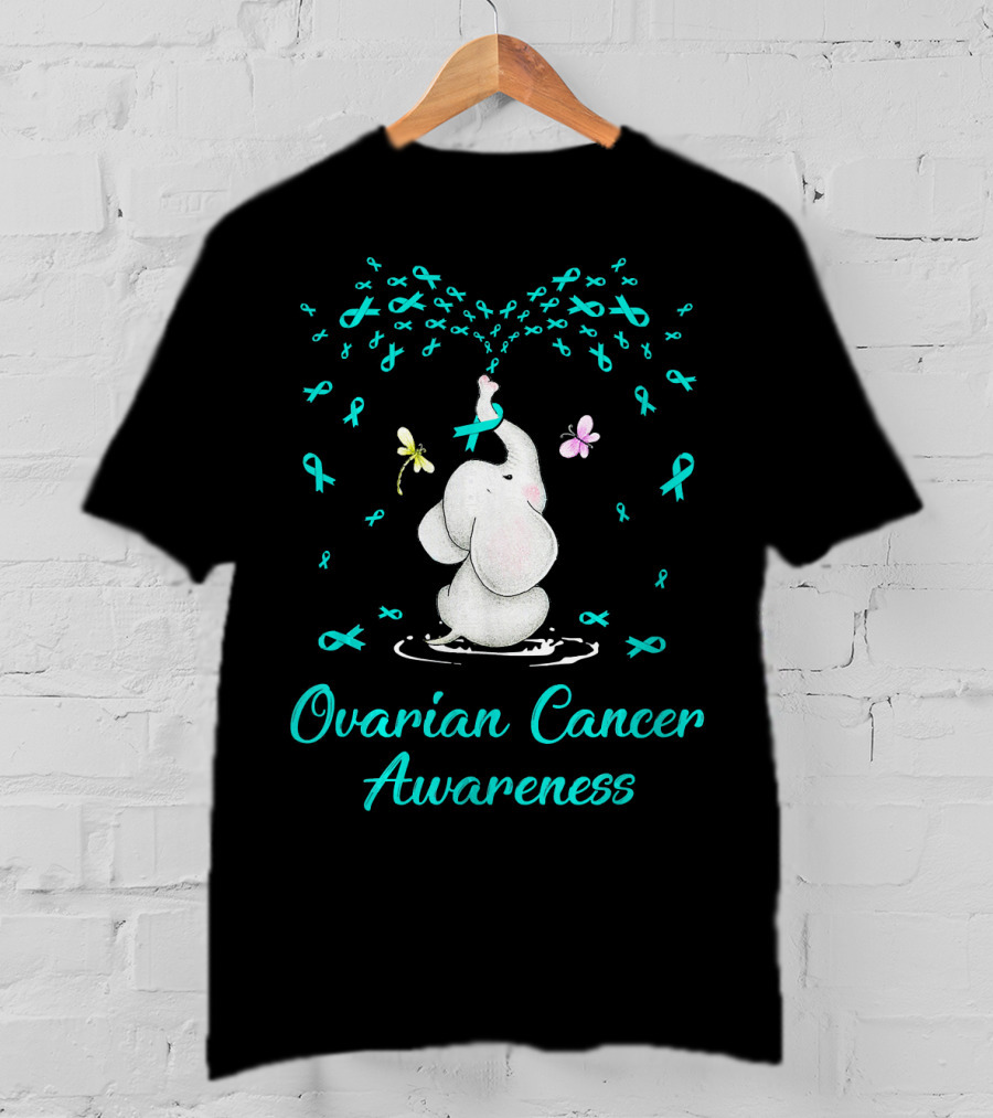 Ovarian Cancer Awareness Elephant With Ribbon And Butterflies T-Shirt