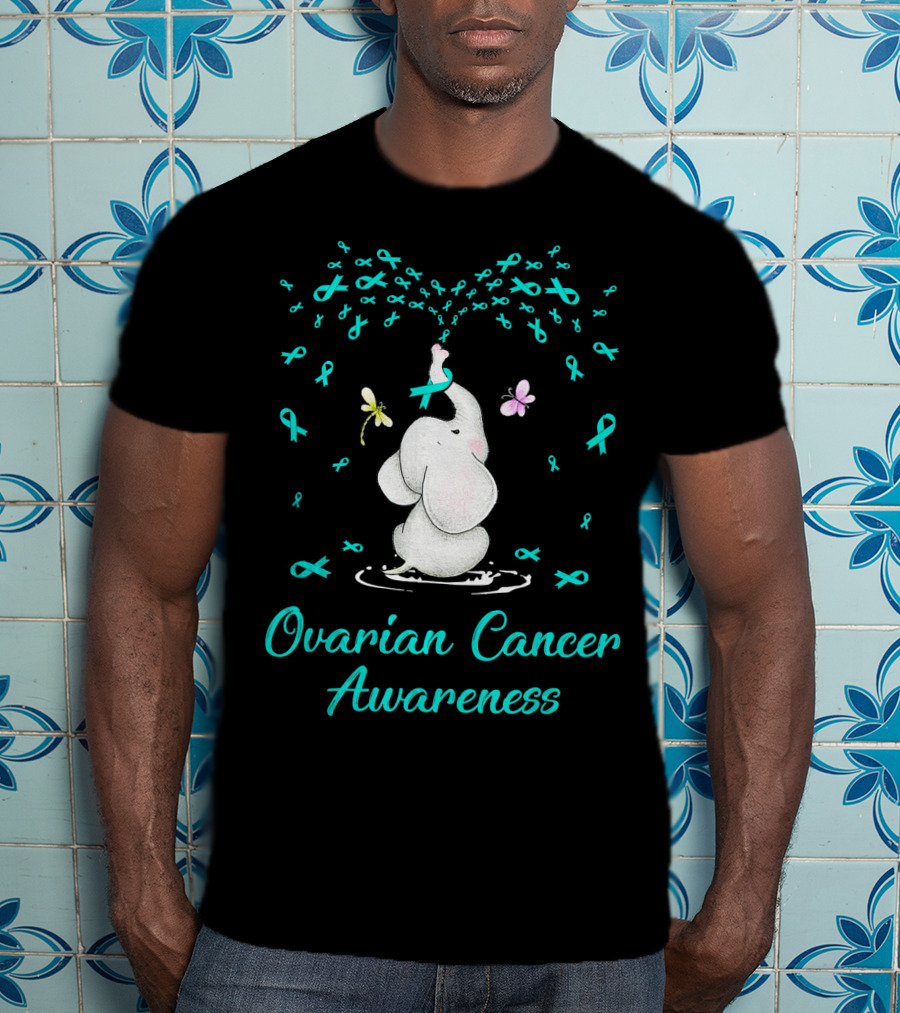 Ovarian Cancer Awareness Elephant With Ribbon And Butterflies T-Shirt