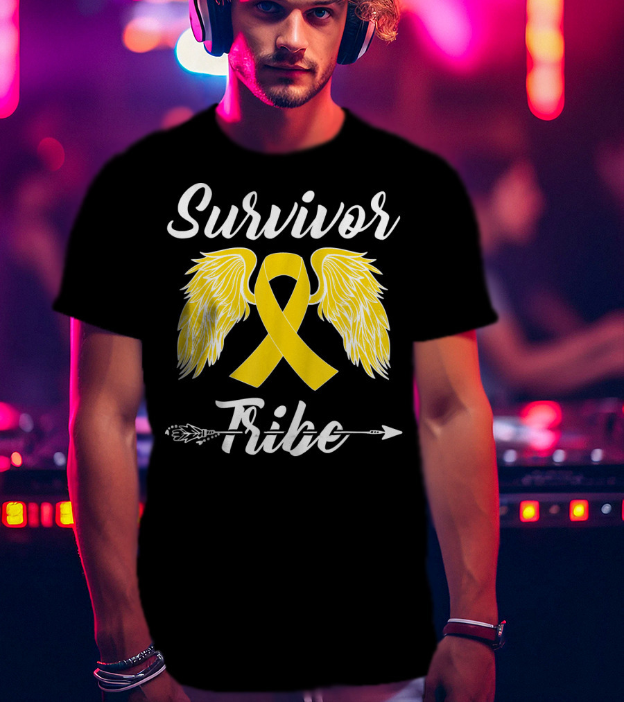 Survivor Tribe Childhood Cancer Awareness Yellow Ribbon Wings T-Shirt
