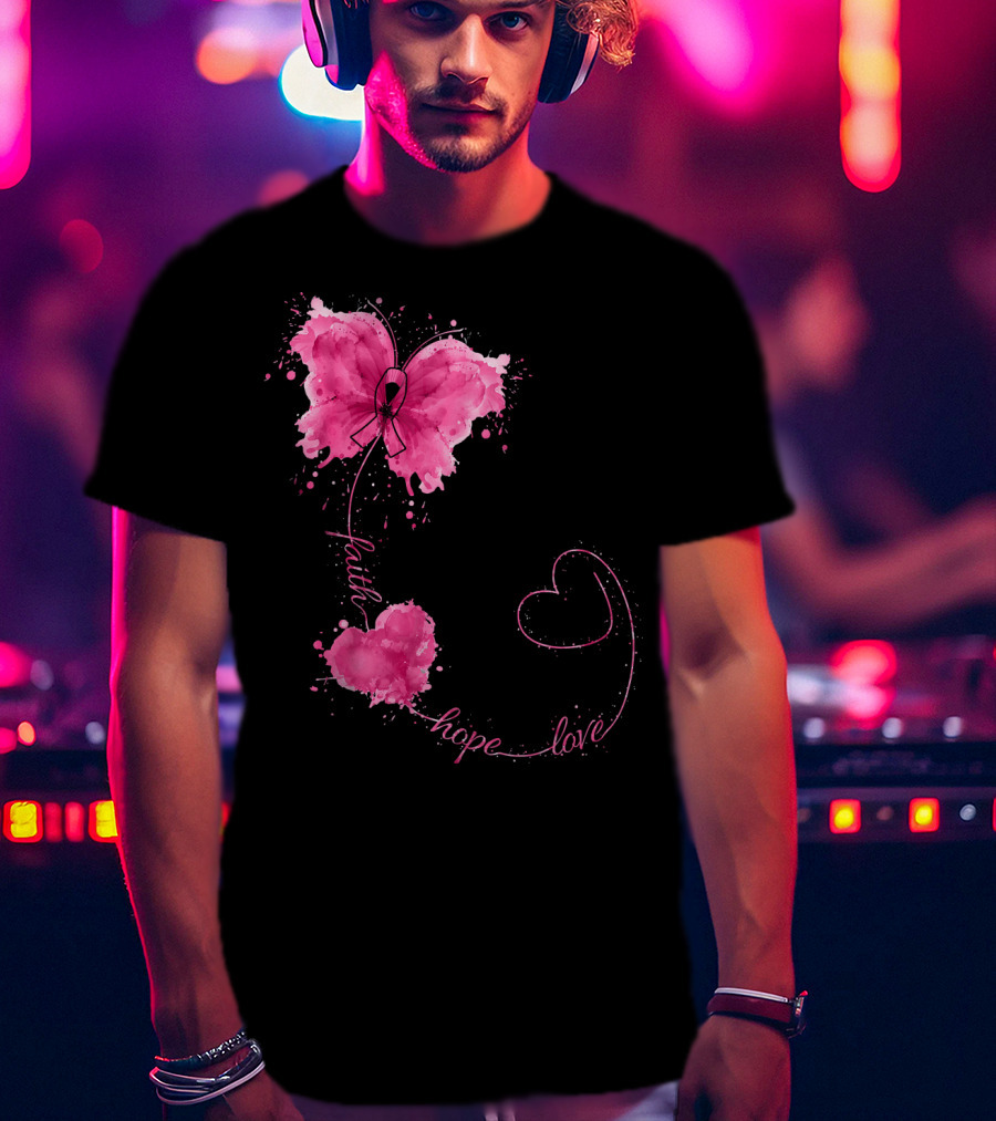 Faith Hope Love Butterfly With Pink Ribbon Breast Cancer Awareness T-Shirt