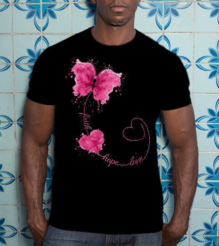 Faith Hope Love Butterfly With Pink Ribbon Breast Cancer Awareness T-Shirt