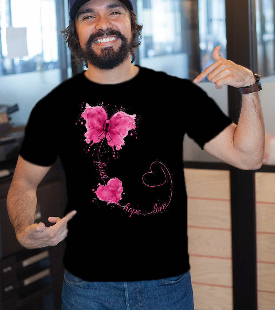 Faith Hope Love Butterfly With Pink Ribbon Breast Cancer Awareness T-Shirt