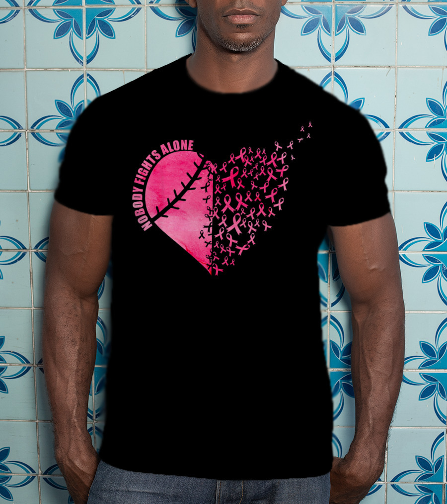 Nobody Fights Alone Heart Pink Ribbons Baseball Softball T-Shirt