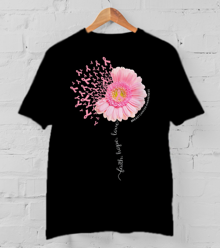Faith Hope Love Dandelion Daisy Breast Cancer Awareness T-Shirt