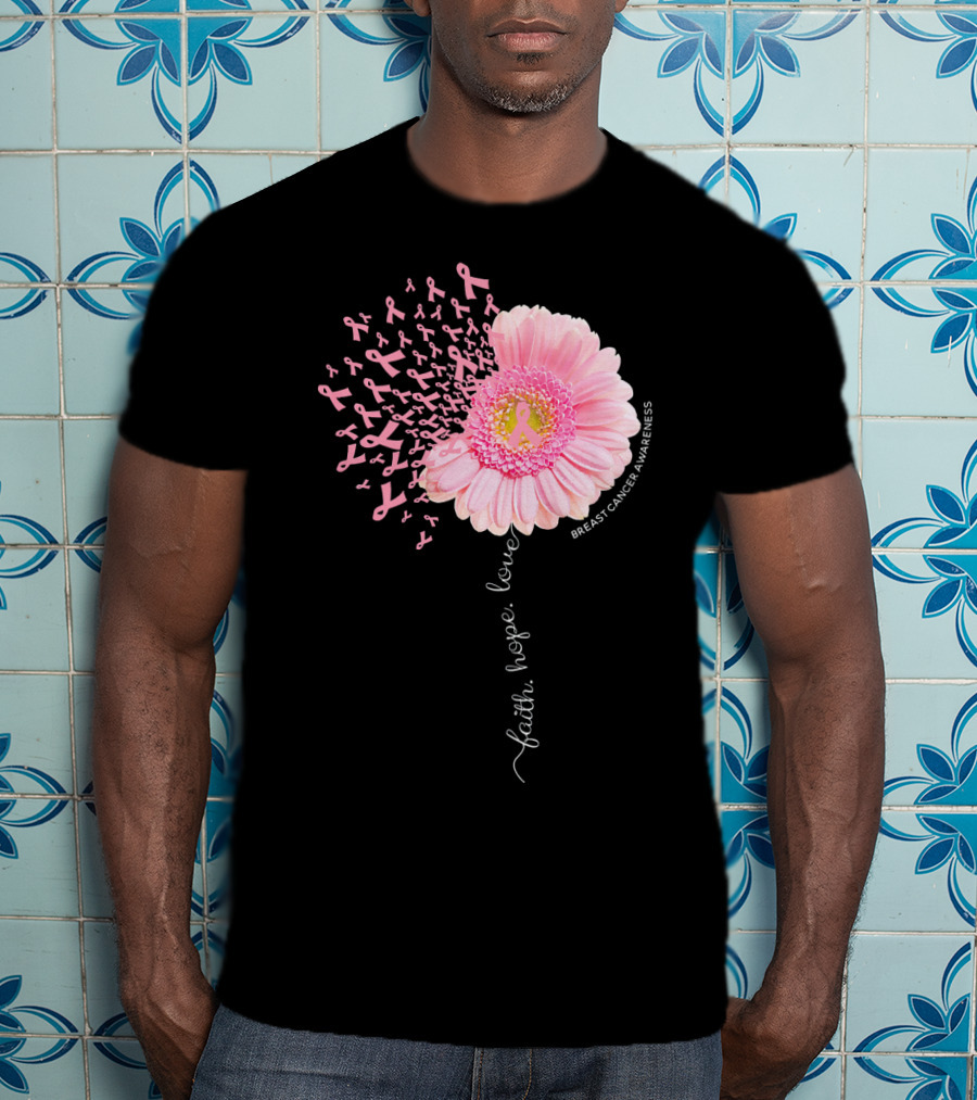Faith Hope Love Dandelion Daisy Breast Cancer Awareness T-Shirt