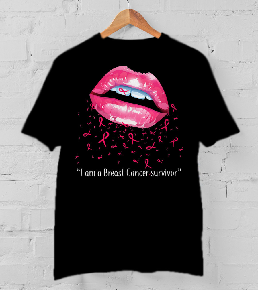 I Am A Breast Cancer Survivor Pink Ribbon Lips T-Shirt