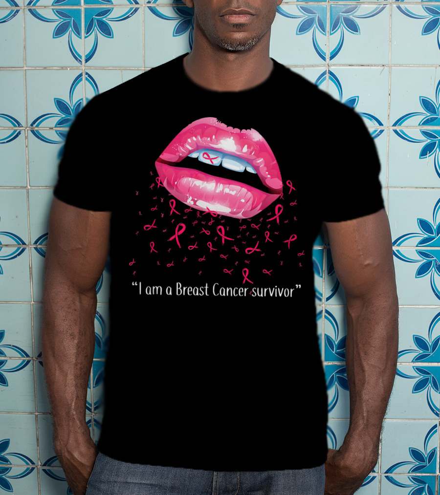 I Am A Breast Cancer Survivor Pink Ribbon Lips T-Shirt