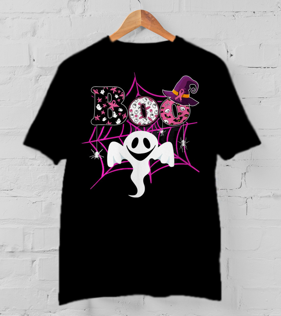BOO Ghost Pink Ribbon Breast Cancer Awareness Halloween Spider Web Hat T-Shirt