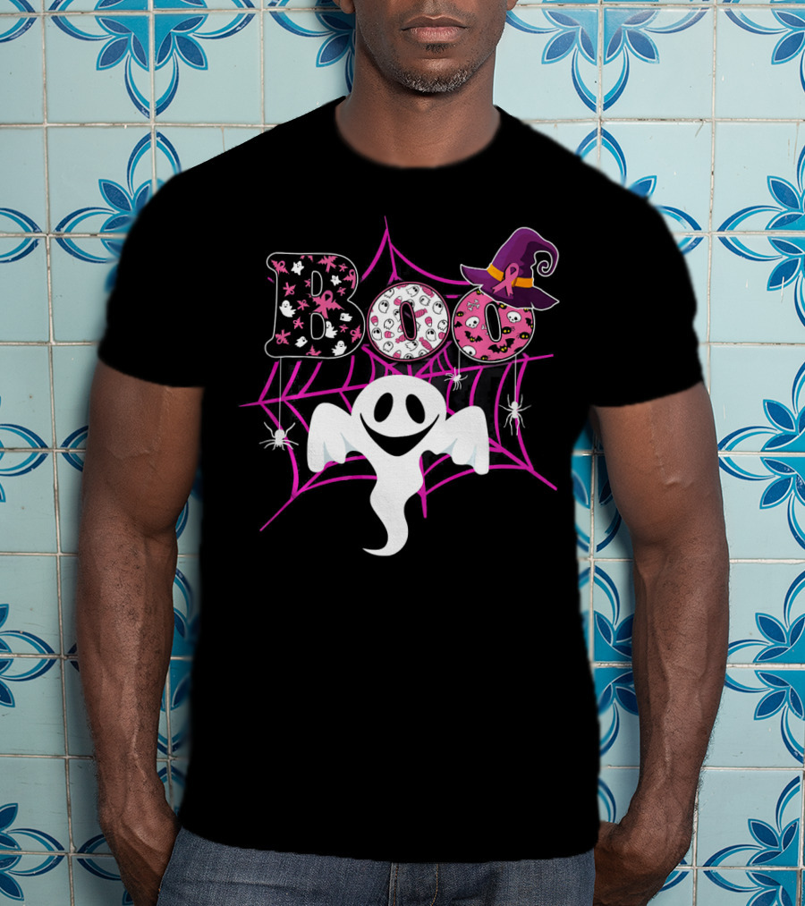 BOO Ghost Pink Ribbon Breast Cancer Awareness Halloween Spider Web Hat T-Shirt