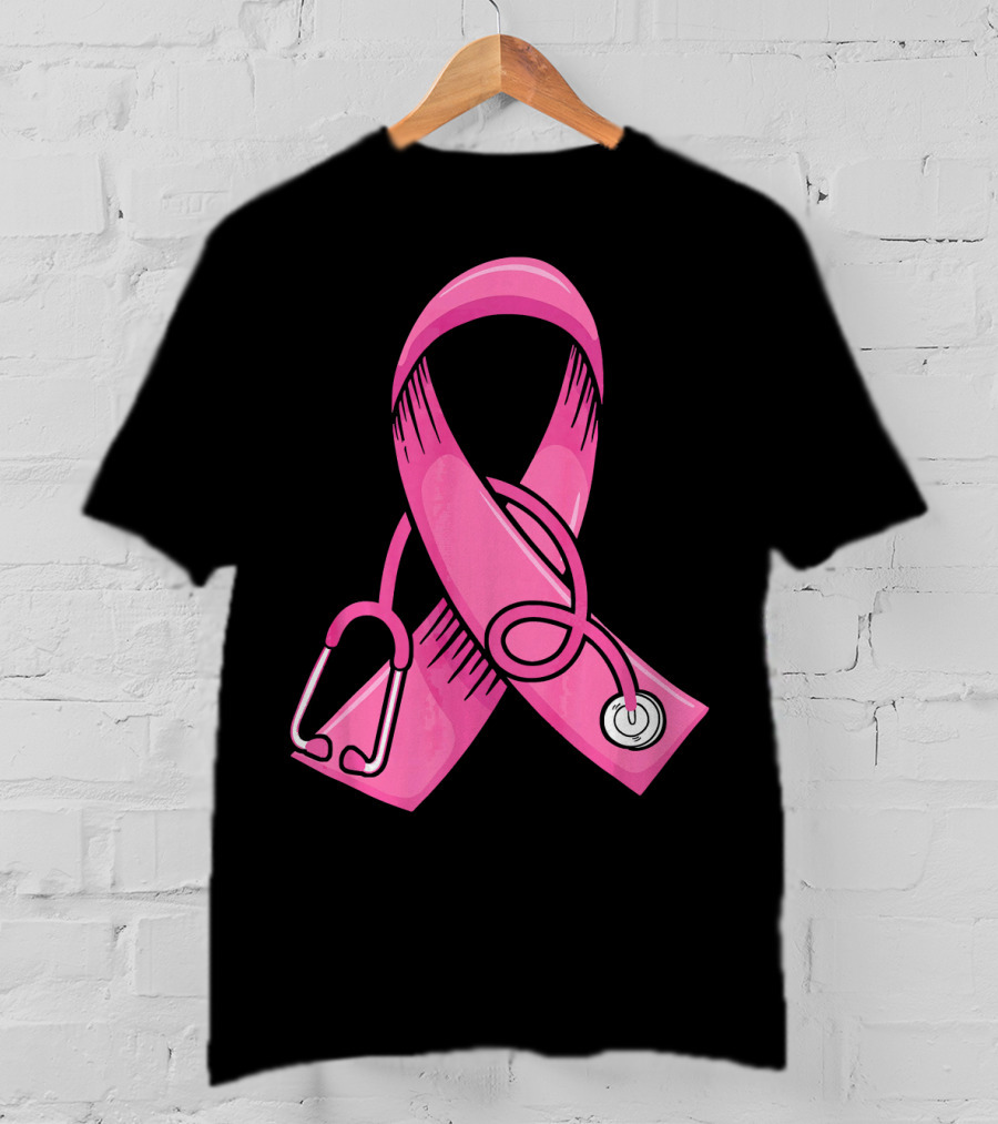 Pink Ribbon Heartbeat Nurse Doctor Breast Cancer Awareness Stethoscope T-Shirt