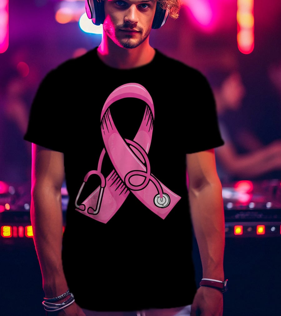 Pink Ribbon Heartbeat Nurse Doctor Breast Cancer Awareness Stethoscope T-Shirt