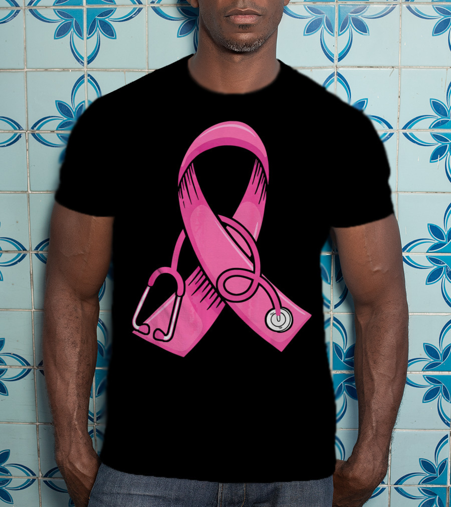 Pink Ribbon Heartbeat Nurse Doctor Breast Cancer Awareness Stethoscope T-Shirt