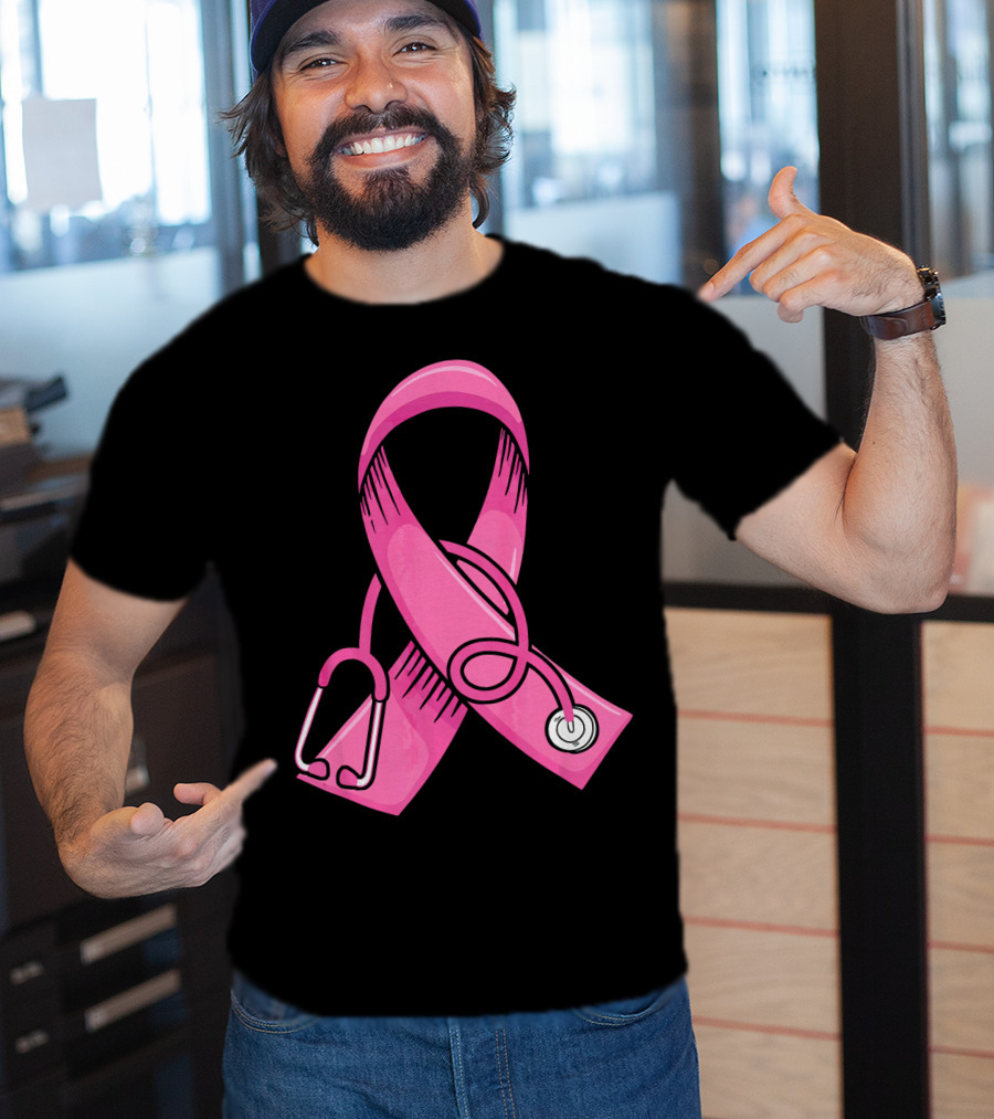 Pink Ribbon Heartbeat Nurse Doctor Breast Cancer Awareness Stethoscope T-Shirt