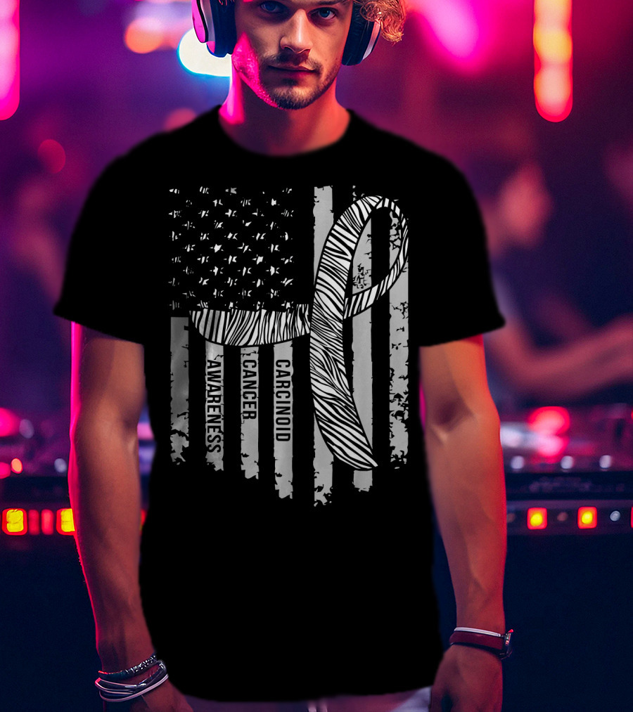 Zebra Ribbon Carcinoid Cancer Awareness American Flag Support T-Shirt