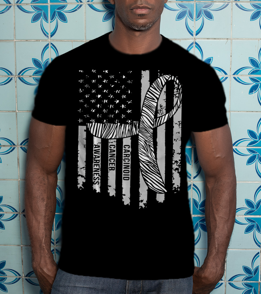 Zebra Ribbon Carcinoid Cancer Awareness American Flag Support T-Shirt