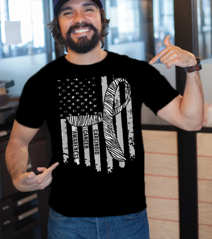 Zebra Ribbon Carcinoid Cancer Awareness American Flag Support T-Shirt