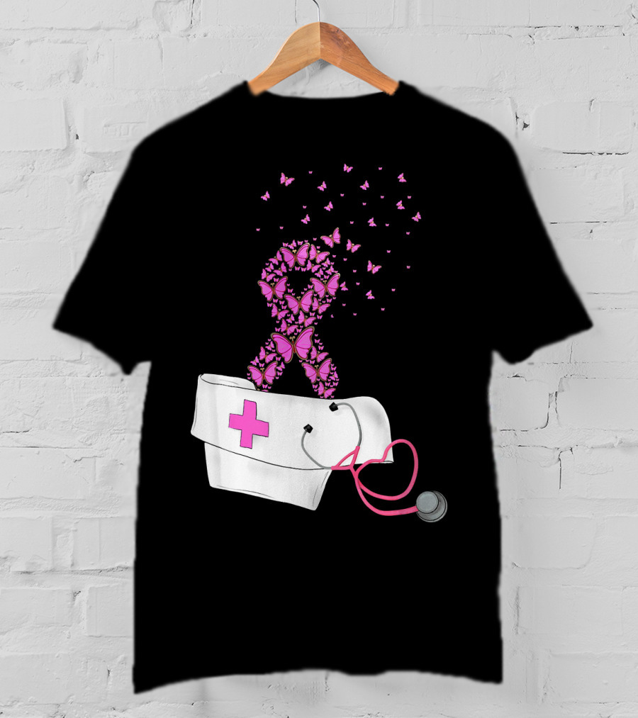 Breast Cancer Awareness Pink Butterfly Ribbon Nurse Doctor Stethoscope Hat T-Shirt