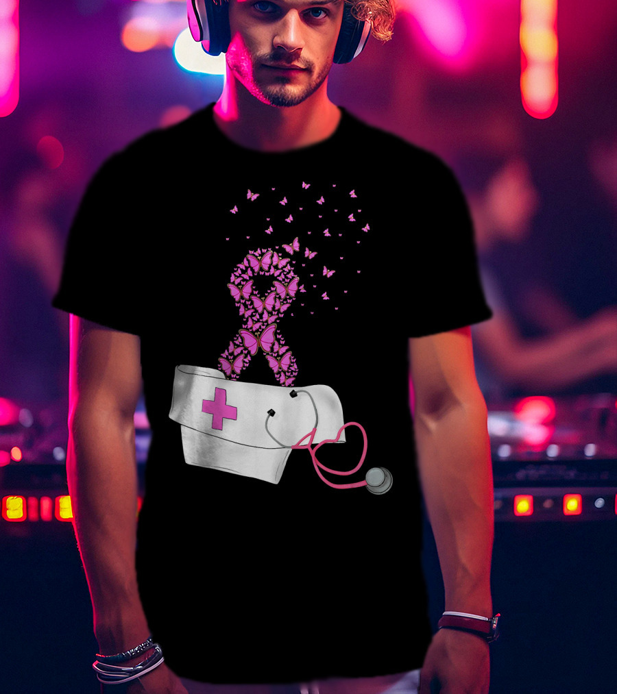 Breast Cancer Awareness Pink Butterfly Ribbon Nurse Doctor Stethoscope Hat T-Shirt