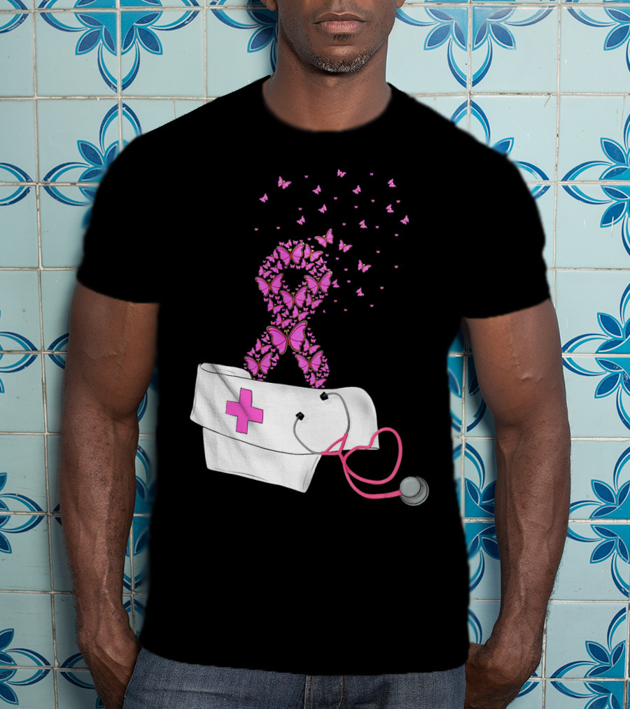 Breast Cancer Awareness Pink Butterfly Ribbon Nurse Doctor Stethoscope Hat T-Shirt