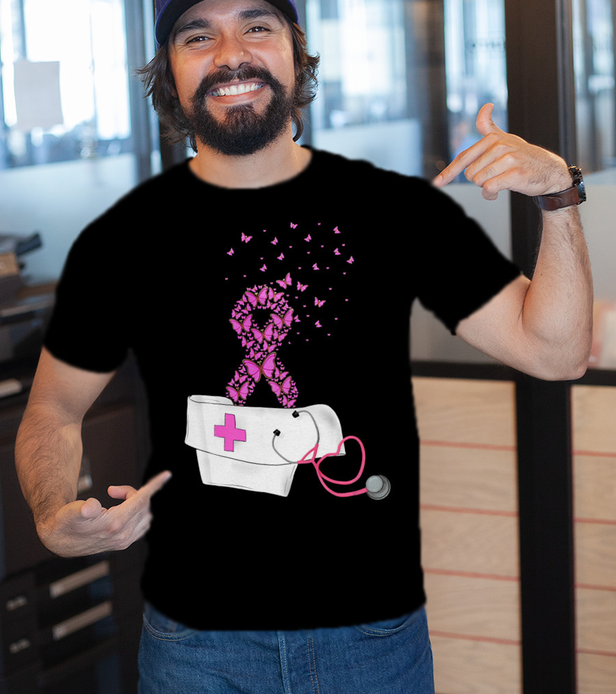 Breast Cancer Awareness Pink Butterfly Ribbon Nurse Doctor Stethoscope Hat T-Shirt