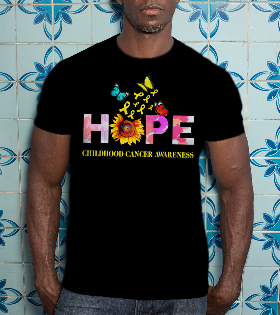 HOPE Childhood Cancer Awareness Yellow Ribbon Butterflies Sunflower T-Shirt