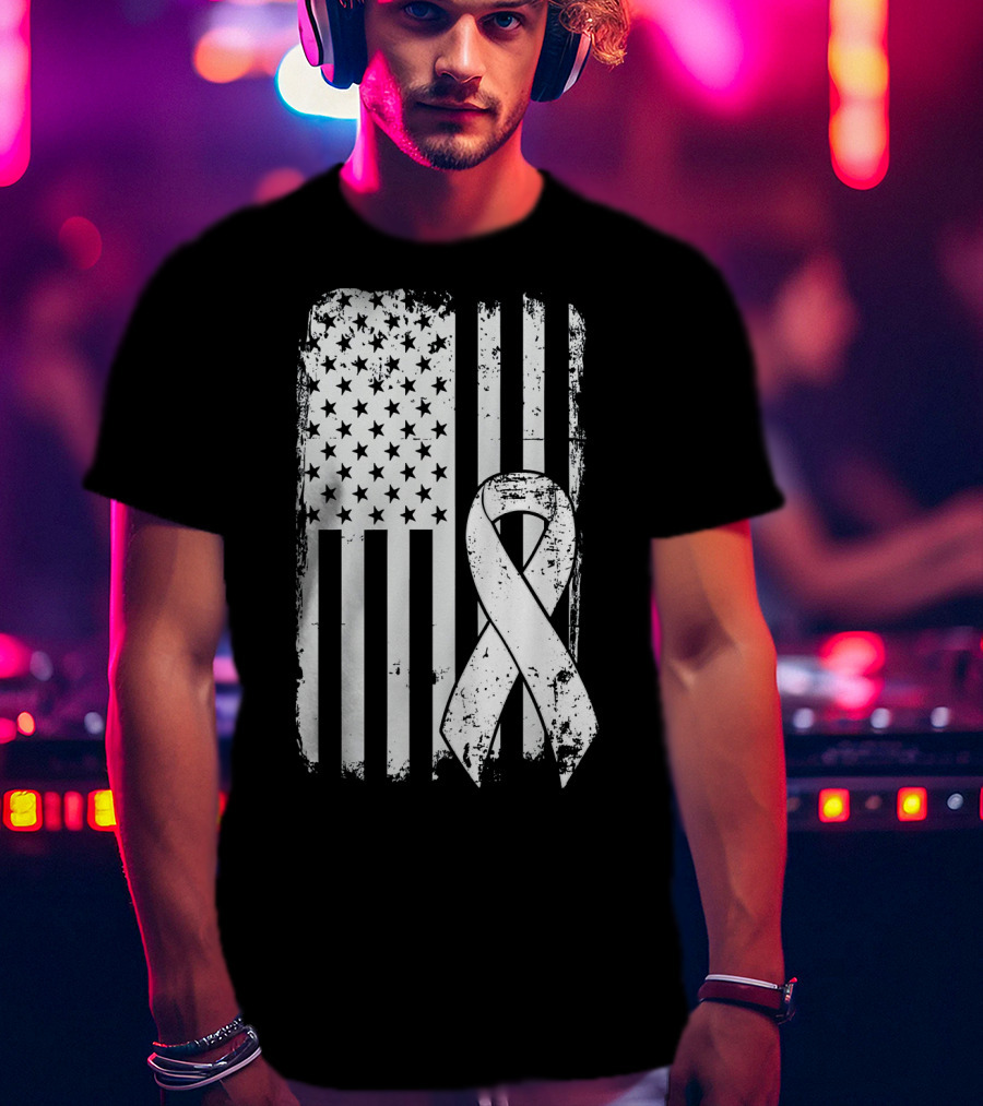 Mens Lung Cancer Awareness Distressed American Flag T-Shirt
