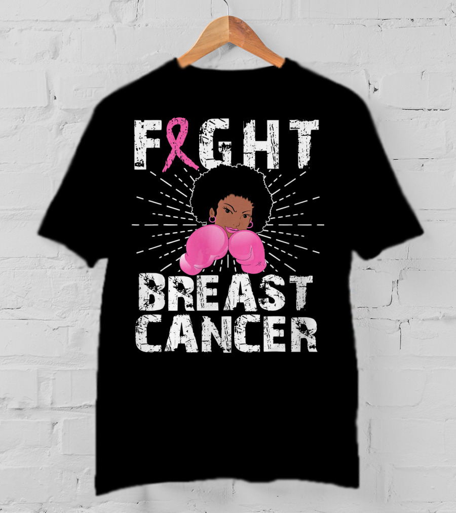 FIGHT Breast Cancer Pink Ribbon Afro Woman Boxing Gloves T-Shirt