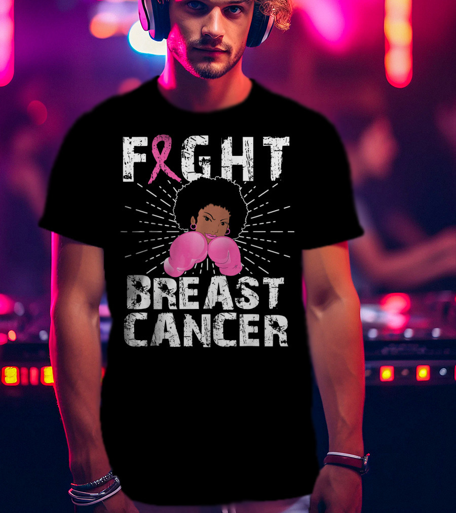 FIGHT Breast Cancer Pink Ribbon Afro Woman Boxing Gloves T-Shirt