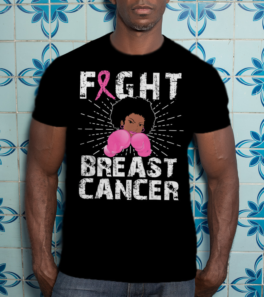 FIGHT Breast Cancer Pink Ribbon Afro Woman Boxing Gloves T-Shirt