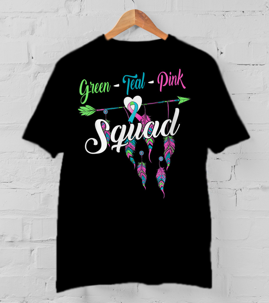 Green Teal Pink Ribbon Arrow Heart Feather Squad T-Shirt