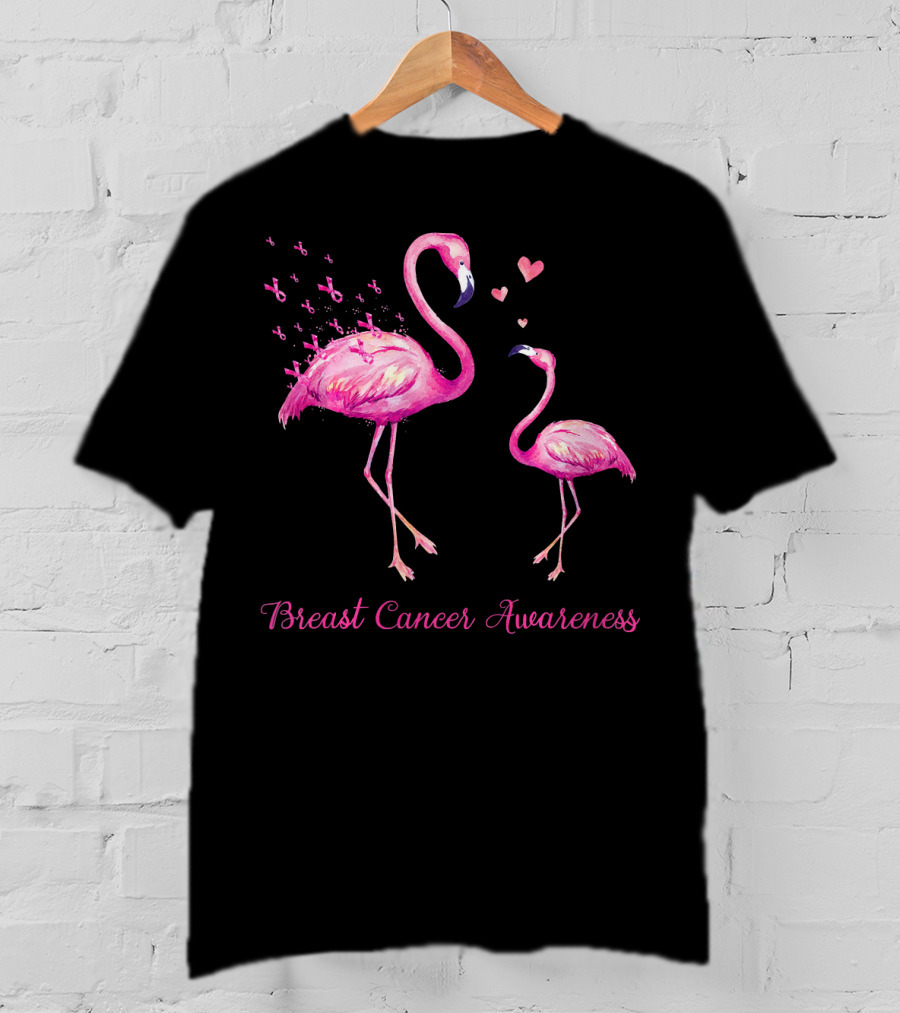 Breast Cancer Awareness Family Flamingo Mom Baby Hearts T-Shirt