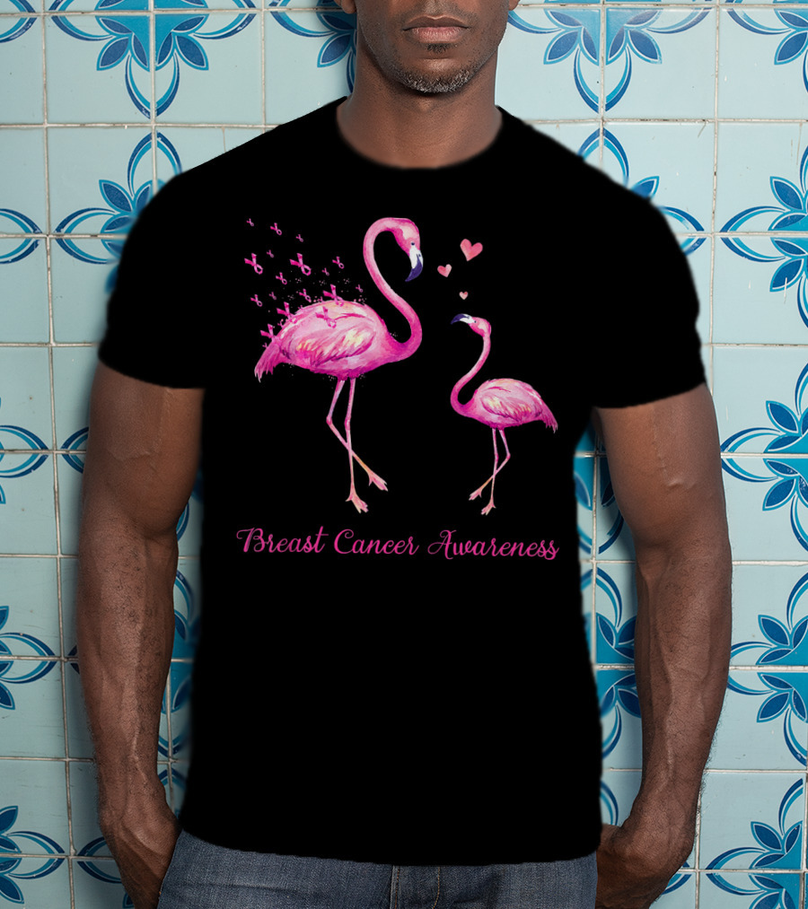 Breast Cancer Awareness Family Flamingo Mom Baby Hearts T-Shirt