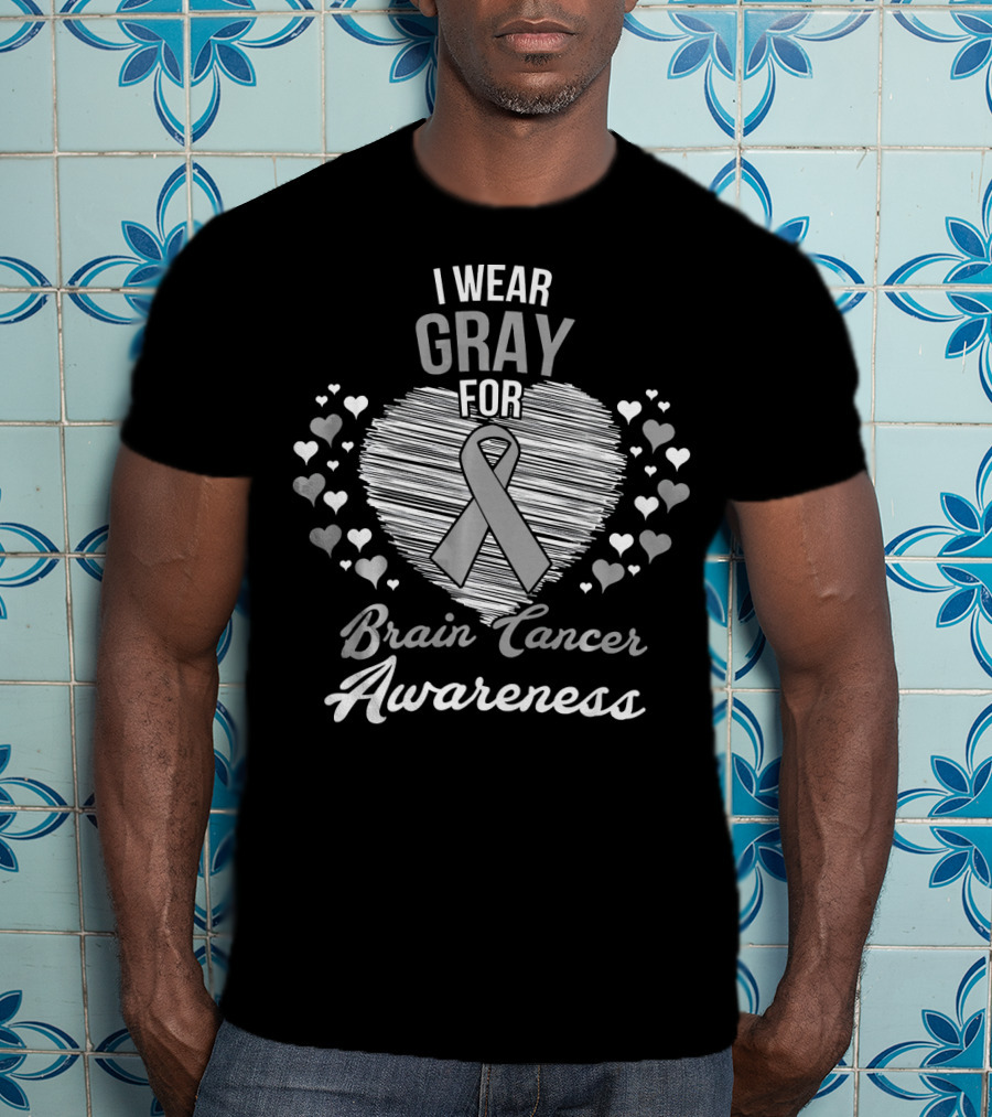 I Wear Gray For Brain Cancer Awareness Ribbon Heart And Hearts T-Shirt